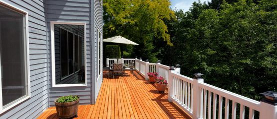 New red cedar outdoor wooden deck during nice weather in horizontal layout